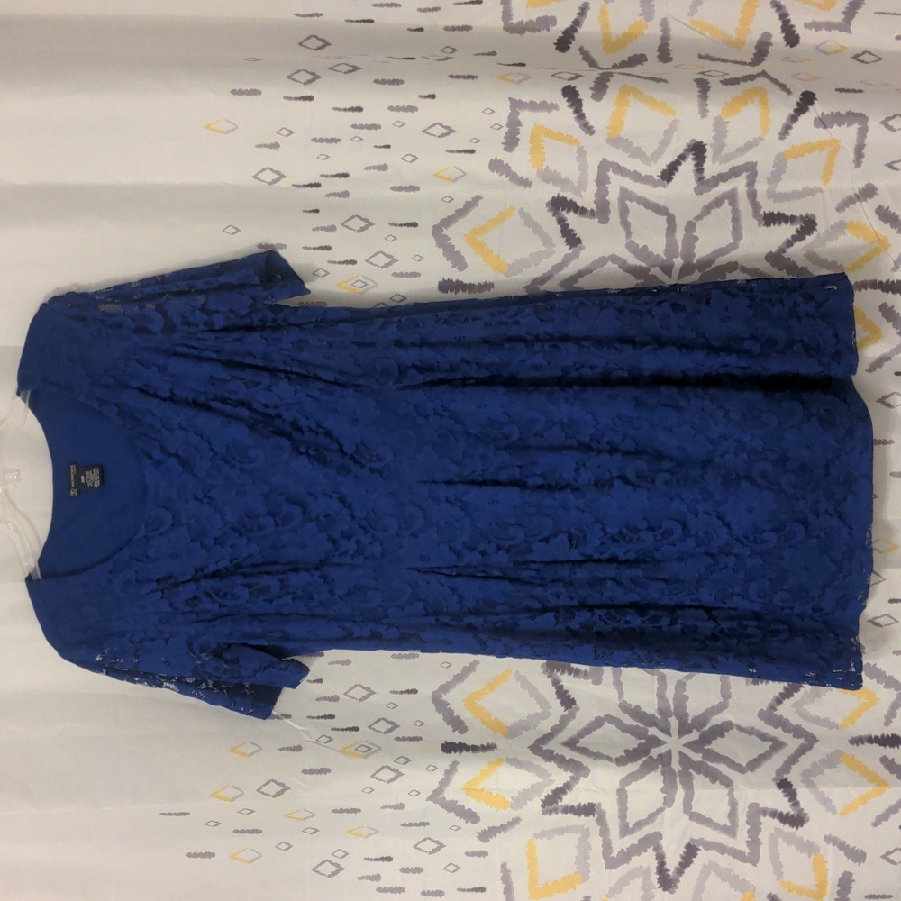 New Directions Woman Dark Blue Lace Shell/Poly Liner Midi Dress, Size 20W